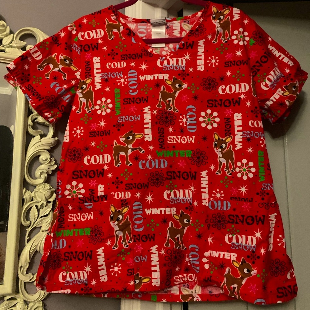 Rudolph S Holiday Red Winter Scrub Top, Like New!
